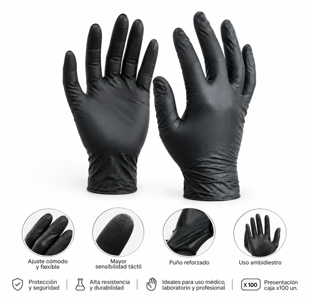 Guantes de Nitrilo Negros sin Polvo Caja x 100