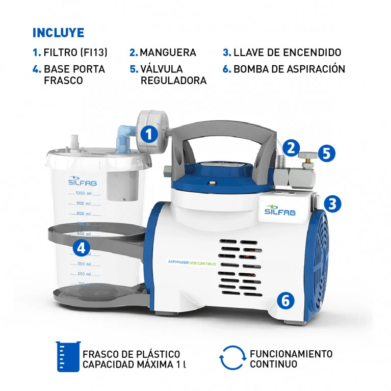 Aspirador de Secreciones Silfab N33-A de Uso Continuo con Recipiente 1 Litro