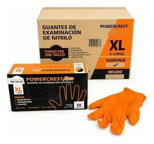 Guantes de Nitrilo Reforzado Powercrest Naranja XL Caja x 50